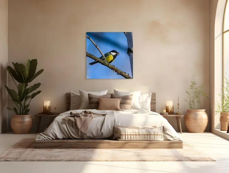 Tablou Canvas, "Mierla în lumina dimineții albastre", Pasăre, Creangă, Oferirea, Cer, Penaj, Obiectiv, Prindere, Natură, 100 x 100 cm – poza 4