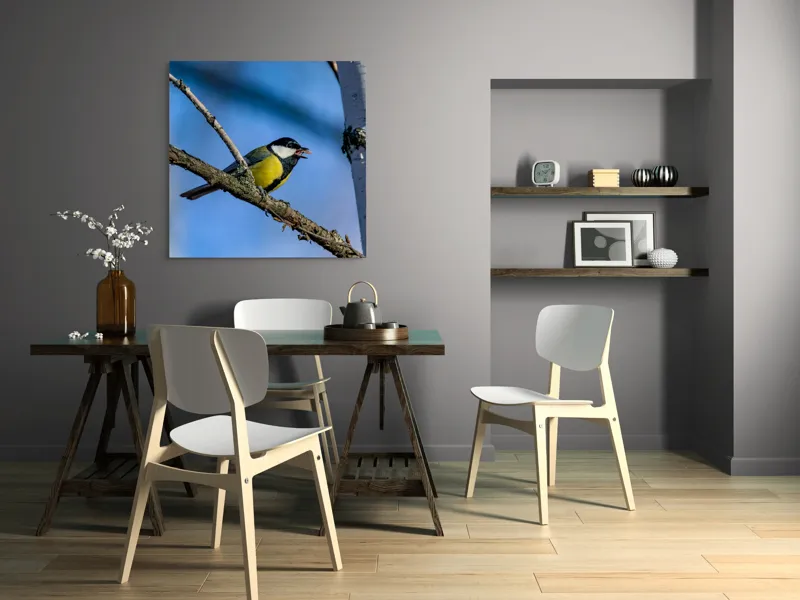 Tablou Canvas, "Mierla în lumina dimineții albastre", Pasăre, Creangă, Oferirea, Cer, Penaj, Obiectiv, Prindere, Natură, 100 x 100 cm – poza 6
