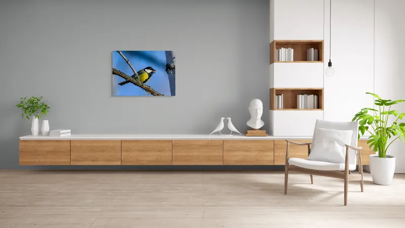 Tablou Canvas, "Mierla în lumina dimineții albastre", Pasăre, Creangă, Oferirea, Cer, Penaj, Obiectiv, Prindere, Natură, 100 x 70 cm – poza 6