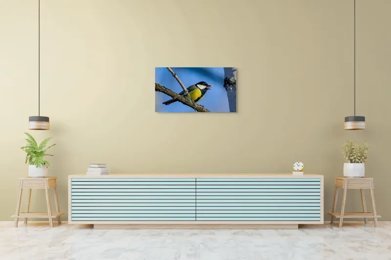 Tablou Canvas, "Mierla în lumina dimineții albastre", Pasăre, Creangă, Oferirea, Cer, Penaj, Obiectiv, Prindere, Natură, 90 x 50 cm – poza 5