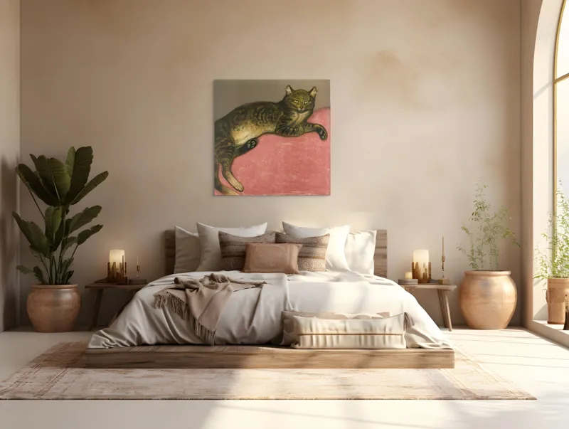 Tablou Canvas, "Pisica torcând pe perna roz", Pisică, Relaxare, Culoare, Textură, Blană, Privire, Odihnă, Canapea, Calm, Detalii, 100 x 100 cm – poza 4