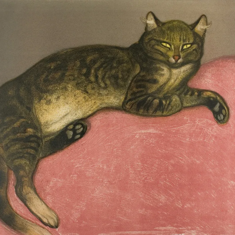 Tablou Canvas, "Pisica torcând pe perna roz", Pisică, Relaxare, Culoare, Textură, Blană, Privire, Odihnă, Canapea, Calm, Detalii, 100 x 100 cm – poza 2