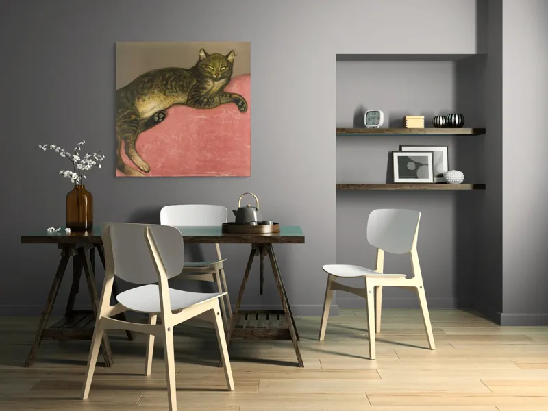 Tablou Canvas, "Pisica torcând pe perna roz", Pisică, Relaxare, Culoare, Textură, Blană, Privire, Odihnă, Canapea, Calm, Detalii, 100 x 100 cm – poza 6
