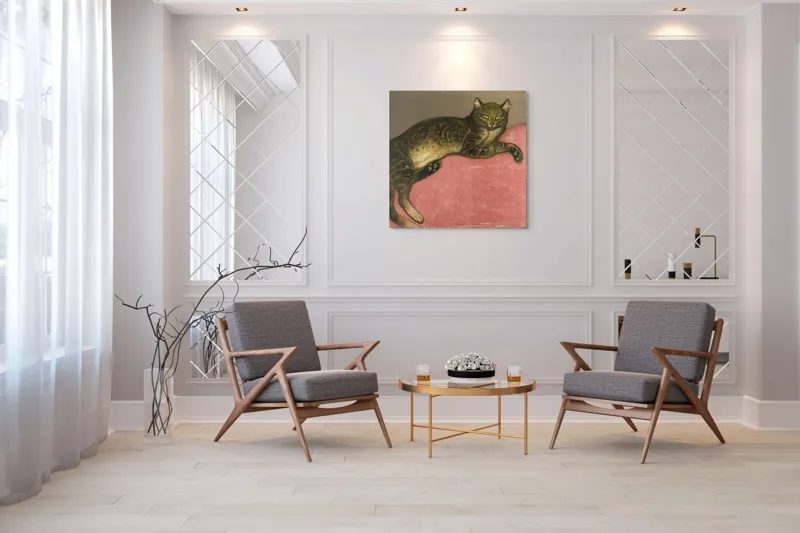 Tablou Canvas, "Pisica torcând pe perna roz", Pisică, Relaxare, Culoare, Textură, Blană, Privire, Odihnă, Canapea, Calm, Detalii, 100 x 100 cm – poza 7