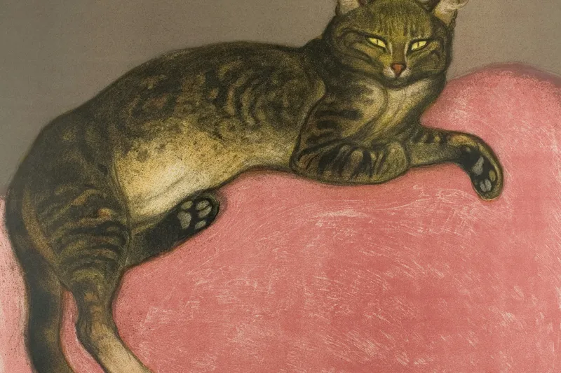 Tablou Canvas, "Pisica torcând pe perna roz", Pisică, Relaxare, Culoare, Textură, Blană, Privire, Odihnă, Canapea, Calm, Detalii, 39 x 26 cm – poza 2