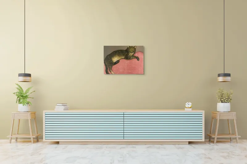 Tablou Canvas, "Pisica torcând pe perna roz", Pisică, Relaxare, Culoare, Textură, Blană, Privire, Odihnă, Canapea, Calm, Detalii, 70 x 50 cm – poza 7