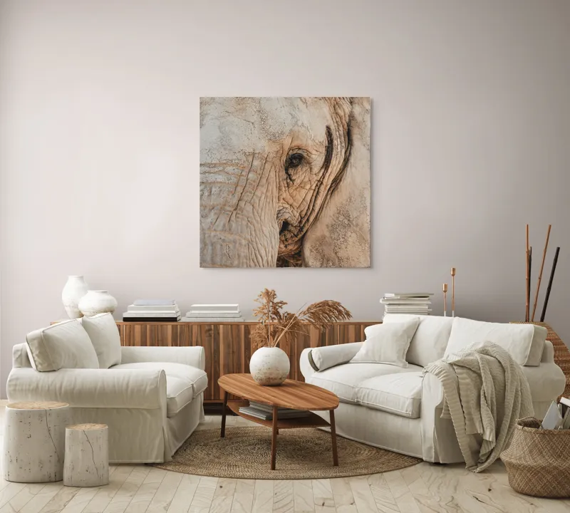 Tablou Canvas, "Căldura privirii unui elefant", Elefant, Majestuos, Impresionant, Puternic, Seren, Rugos, Venerabil, Natural, Profund, Inspirator, 100 x 100 cm – poza 3