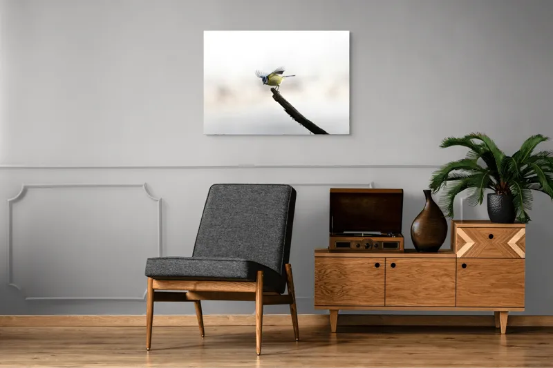 Tablou Canvas, "Pasărea albastră pe ramura uscată", Pene, Zbor, Ramură, Delicatețe, Natură, Pasăre, 100 x 70 cm – poza 8