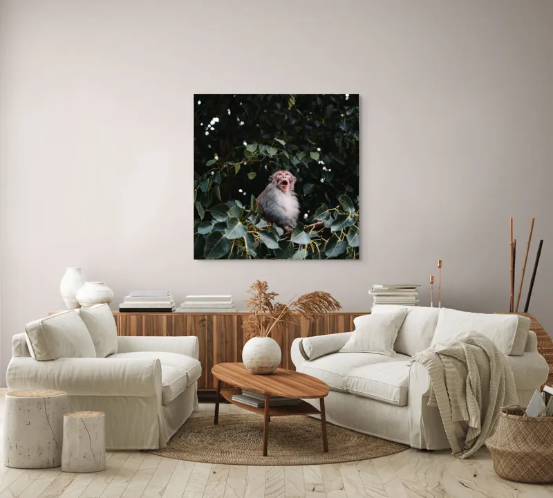 Tablou Canvas, "Maimuță veselă printre frunze verzi", Maimuță, Frunze, Copac, Natură, Râs, Ramură, Verde, Sălbăticie, 100 x 100 cm – poza 3