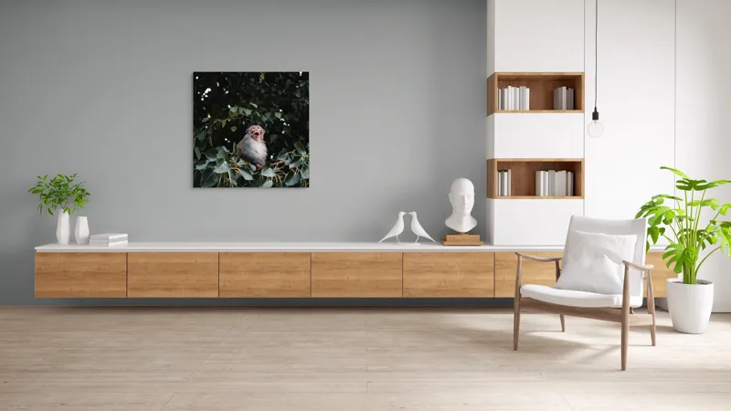 Tablou Canvas, "Maimuță veselă printre frunze verzi", Maimuță, Frunze, Copac, Natură, Râs, Ramură, Verde, Sălbăticie, 100 x 100 cm – poza 8