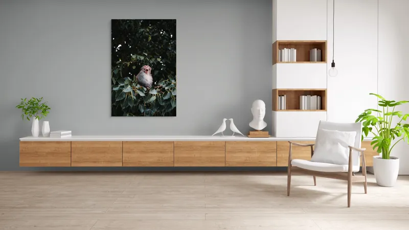Tablou Canvas, "Maimuță veselă printre frunze verzi", Maimuță, Frunze, Copac, Natură, Râs, Ramură, Verde, Sălbăticie, 100 x 150 cm – poza 8