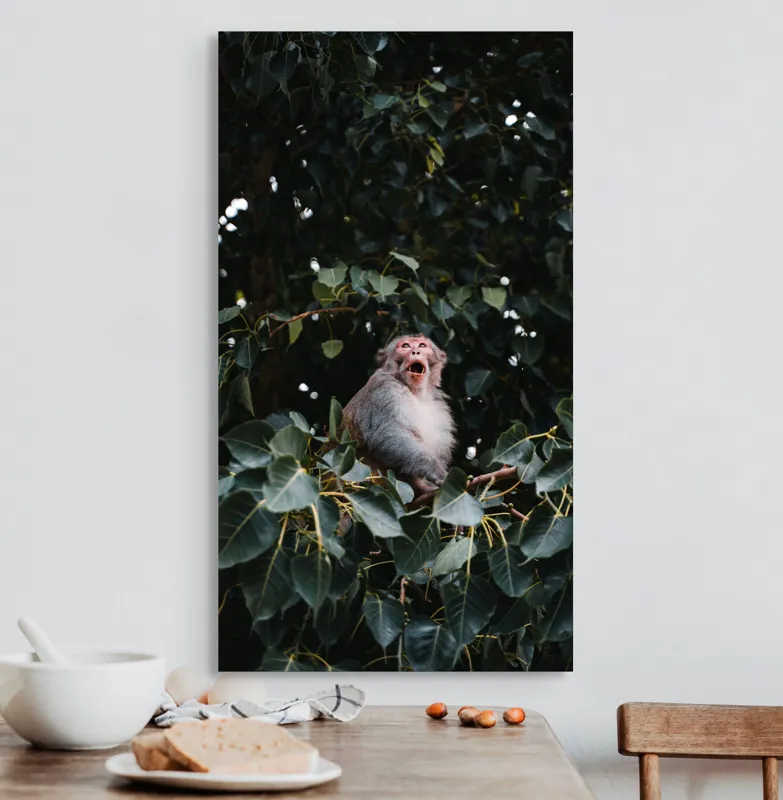 Tablou Canvas, "Maimuță veselă printre frunze verzi", Maimuță, Frunze, Copac, Natură, Râs, Ramură, Verde, Sălbăticie, 50 x 90 cm – poza 3