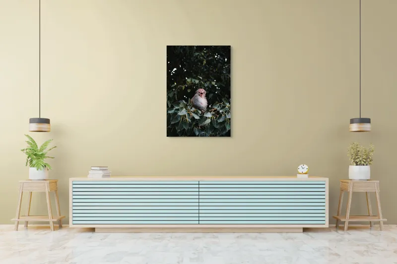Tablou Canvas, "Maimuță veselă printre frunze verzi", Maimuță, Frunze, Copac, Natură, Râs, Ramură, Verde, Sălbăticie, 70 x 100 cm – poza 5