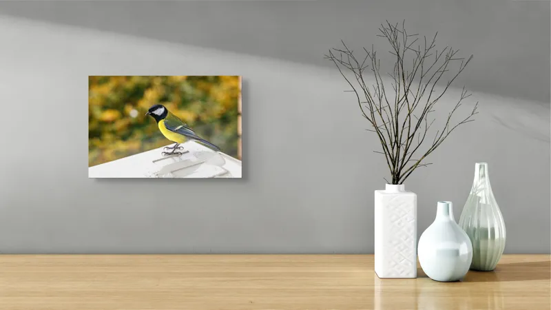 Tablou Canvas, "Pitic de aur al pădurii toamnei", Pasăre, Colorată, Pene, Plăcută, Viu, Mediu, Natură, Răcoare, Verde, Galben, Contrast, Fin, Ochios, Zvelt, Fragil, Observant, Liniște, Echilibru, 39 x 26 cm – poza 8