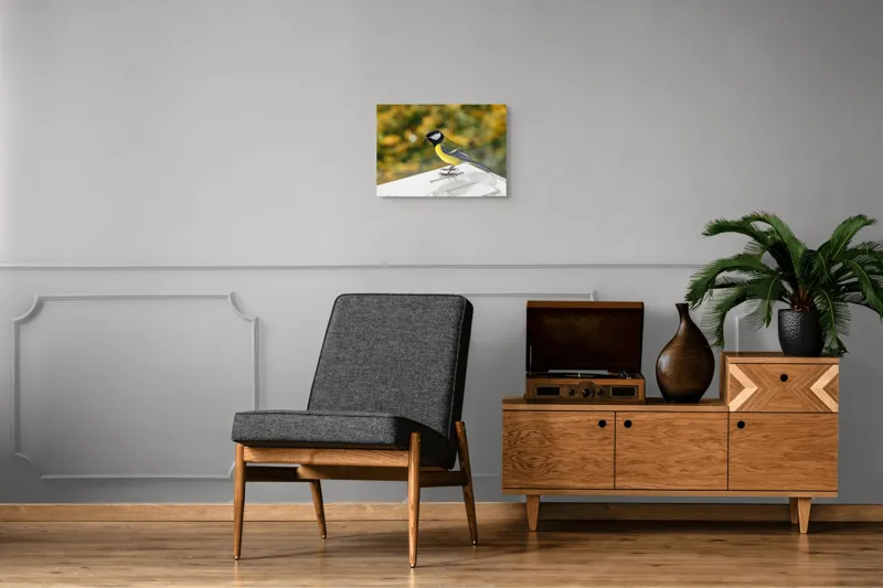 Tablou Canvas, "Pitic de aur al pădurii toamnei", Pasăre, Colorată, Pene, Plăcută, Viu, Mediu, Natură, Răcoare, Verde, Galben, Contrast, Fin, Ochios, Zvelt, Fragil, Observant, Liniște, Echilibru, 54 x 39 cm – poza 7