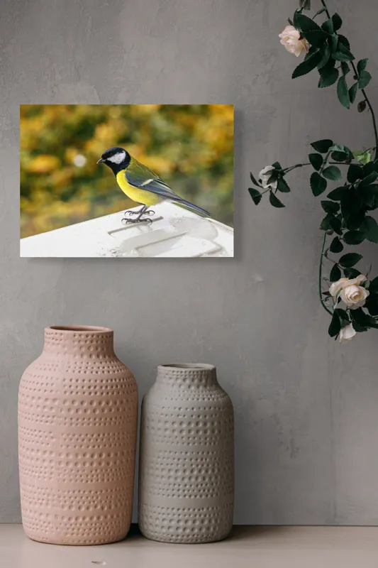 Tablou Canvas, "Pitic de aur al pădurii toamnei", Pasăre, Colorată, Pene, Plăcută, Viu, Mediu, Natură, Răcoare, Verde, Galben, Contrast, Fin, Ochios, Zvelt, Fragil, Observant, Liniște, Echilibru, 54 x 39 cm – poza 8