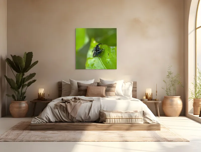 Tablou Canvas Păianjen pe Frunză Proaspătă și Verde, 100 x 100 cm – poza 4