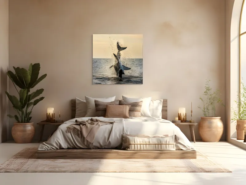 Tablou Canvas, "Rechin ieșind din apă în zori", Rechin, Sărind, Apă, Ocean, Apus, Spectacol, Putere, Natură, 100 x 100 cm – poza 4