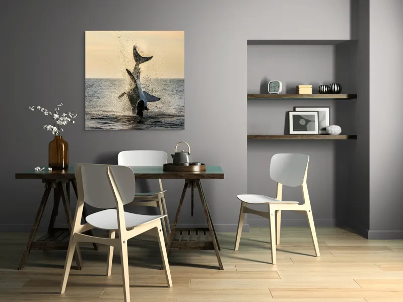 Tablou Canvas, "Rechin ieșind din apă în zori", Rechin, Sărind, Apă, Ocean, Apus, Spectacol, Putere, Natură, 100 x 100 cm – poza 6