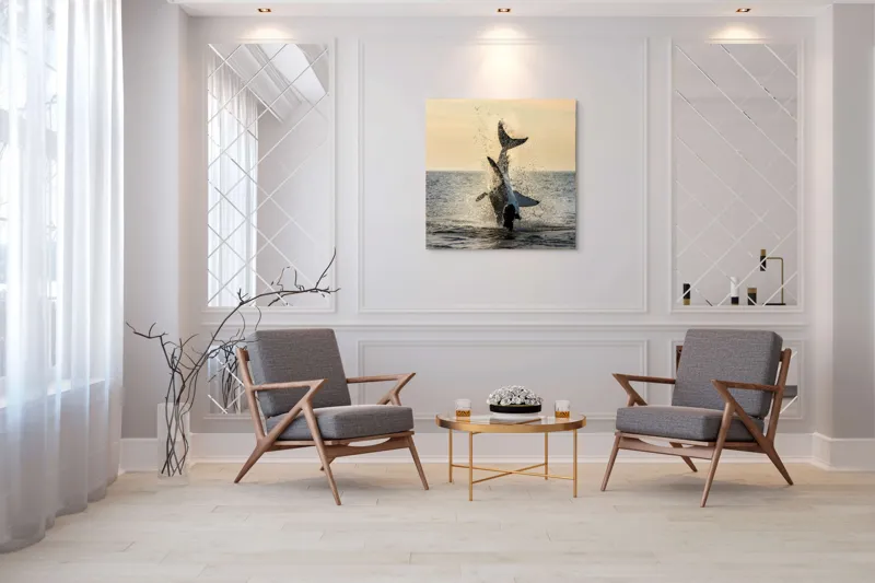 Tablou Canvas, "Rechin ieșind din apă în zori", Rechin, Sărind, Apă, Ocean, Apus, Spectacol, Putere, Natură, 100 x 100 cm – poza 7