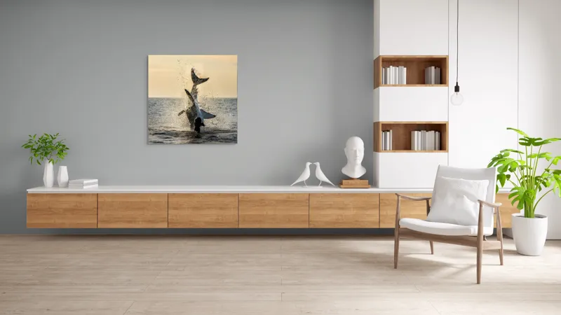 Tablou Canvas, "Rechin ieșind din apă în zori", Rechin, Sărind, Apă, Ocean, Apus, Spectacol, Putere, Natură, 100 x 100 cm – poza 8