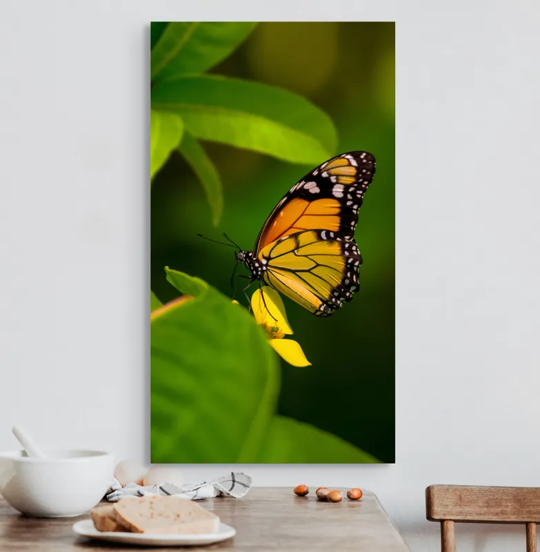 Tablou Canvas, "Fluture pe floare însorită", Fluture, Aripă, Natură, Frunză, Floare, Viu, Frumos, Colorat, Detaliu, 50 x 90 cm – poza 3