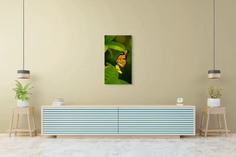 Tablou Canvas, "Fluture pe floare însorită", Fluture, Aripă, Natură, Frunză, Floare, Viu, Frumos, Colorat, Detaliu, 50 x 90 cm – poza 6