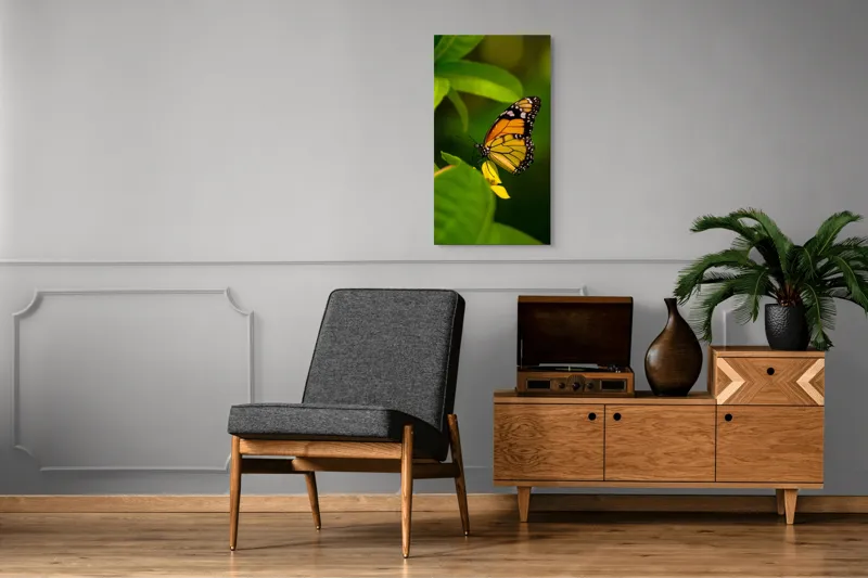 Tablou Canvas, "Fluture pe floare însorită", Fluture, Aripă, Natură, Frunză, Floare, Viu, Frumos, Colorat, Detaliu, 50 x 90 cm – poza 8
