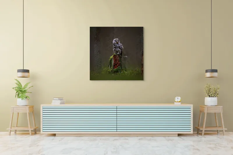 Tablou Canvas, "Bufniță solitară în pădurea înnegurată", Bufniță, Noapte, Pădure, Trunchi, Muschi, Mister, Calm, Natură, Umbre, 100 x 100 cm – poza 5