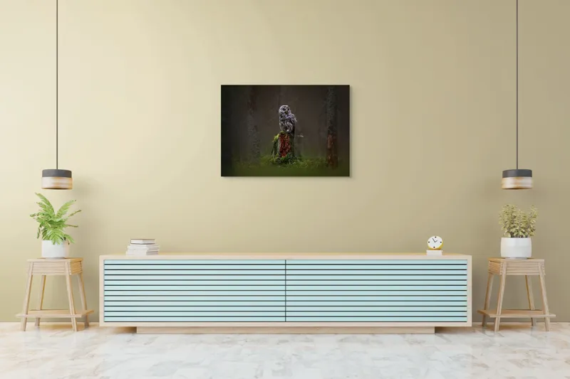 Tablou Canvas, "Bufniță solitară în pădurea înnegurată", Bufniță, Noapte, Pădure, Trunchi, Muschi, Mister, Calm, Natură, Umbre, 100 x 70 cm – poza 4