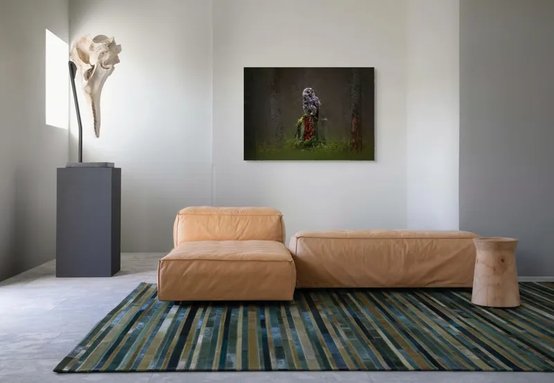 Tablou Canvas, "Bufniță solitară în pădurea înnegurată", Bufniță, Noapte, Pădure, Trunchi, Muschi, Mister, Calm, Natură, Umbre, 100 x 70 cm – poza 7