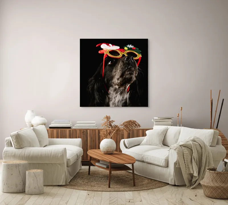 Tablou Canvas, "Câine cu ochelari de Crăciun", Câine, Ochelari, Amuzant, Întuneric, Crăciun, Negru, Urechi, Blană, Nas, Fundal, 100 x 100 cm – poza 3