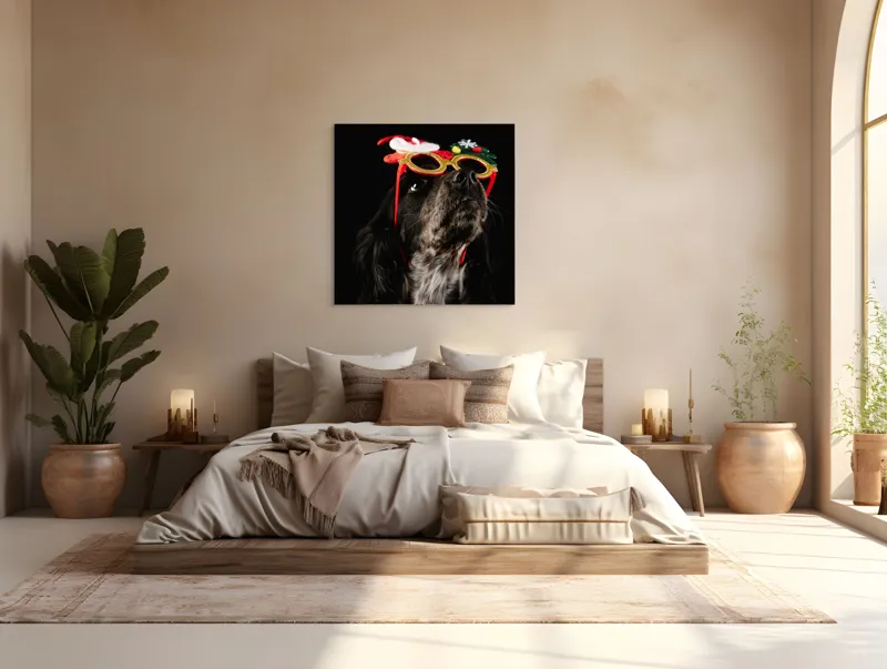 Tablou Canvas, "Câine cu ochelari de Crăciun", Câine, Ochelari, Amuzant, Întuneric, Crăciun, Negru, Urechi, Blană, Nas, Fundal, 100 x 100 cm – poza 4