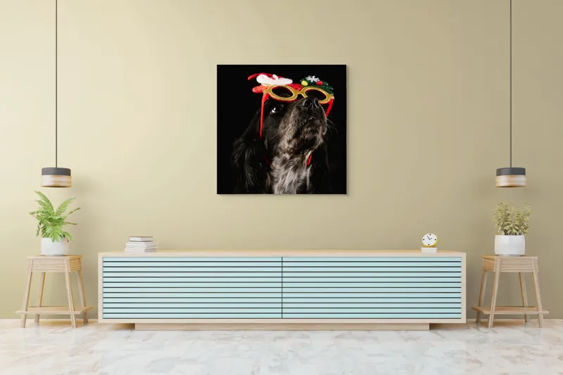 Tablou Canvas, "Câine cu ochelari de Crăciun", Câine, Ochelari, Amuzant, Întuneric, Crăciun, Negru, Urechi, Blană, Nas, Fundal, 100 x 100 cm – poza 5