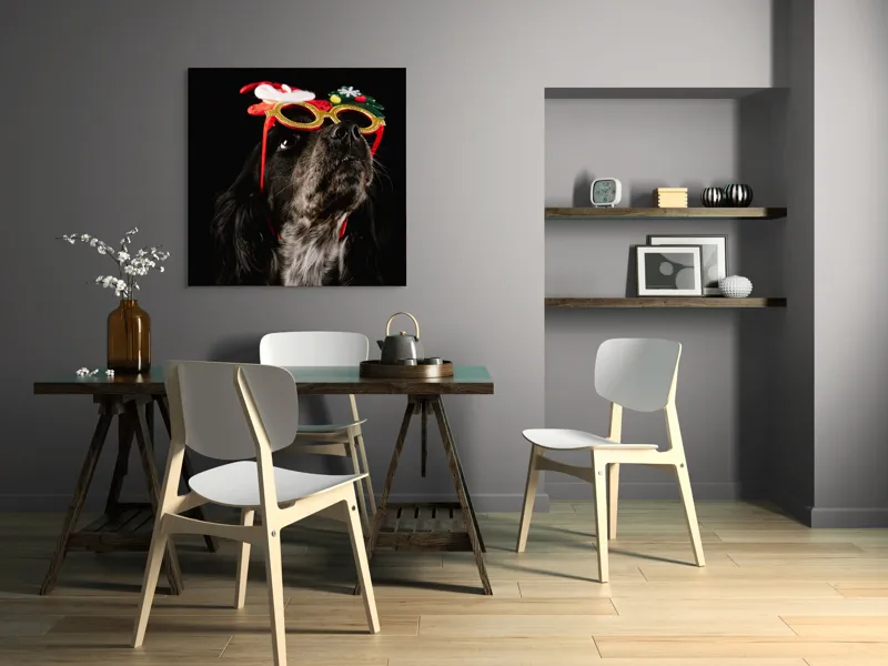 Tablou Canvas, "Câine cu ochelari de Crăciun", Câine, Ochelari, Amuzant, Întuneric, Crăciun, Negru, Urechi, Blană, Nas, Fundal, 100 x 100 cm – poza 6