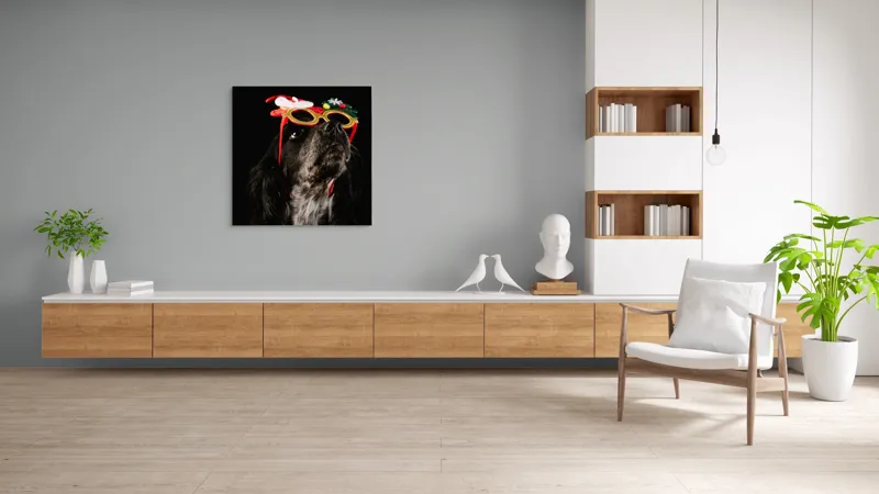 Tablou Canvas, "Câine cu ochelari de Crăciun", Câine, Ochelari, Amuzant, Întuneric, Crăciun, Negru, Urechi, Blană, Nas, Fundal, 100 x 100 cm – poza 8