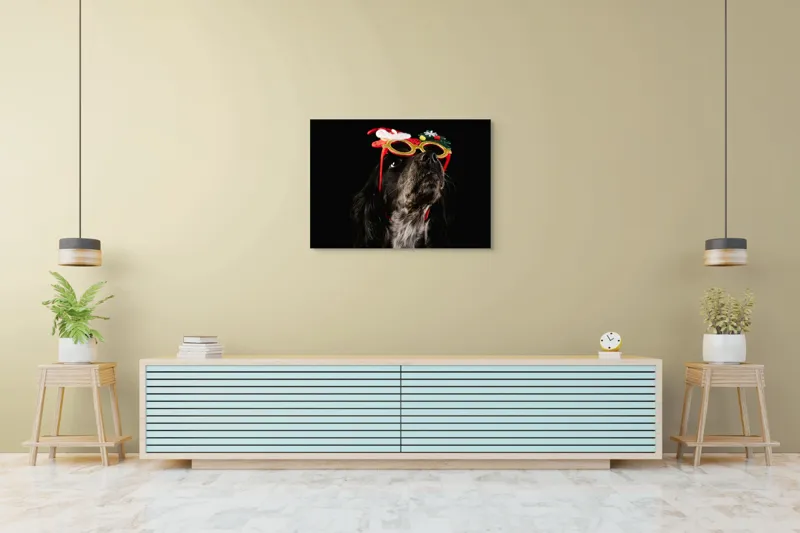 Tablou Canvas, "Câine cu ochelari de Crăciun", Câine, Ochelari, Amuzant, Întuneric, Crăciun, Negru, Urechi, Blană, Nas, Fundal, 100 x 70 cm – poza 4