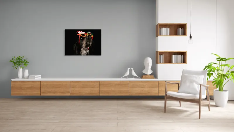 Tablou Canvas, "Câine cu ochelari de Crăciun", Câine, Ochelari, Amuzant, Întuneric, Crăciun, Negru, Urechi, Blană, Nas, Fundal, 100 x 70 cm – poza 6