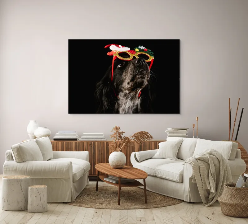 Tablou Canvas, "Câine cu ochelari de Crăciun", Câine, Ochelari, Amuzant, Întuneric, Crăciun, Negru, Urechi, Blană, Nas, Fundal, 150 x 100 cm – poza 3