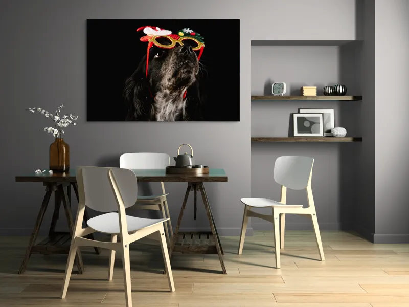 Tablou Canvas, "Câine cu ochelari de Crăciun", Câine, Ochelari, Amuzant, Întuneric, Crăciun, Negru, Urechi, Blană, Nas, Fundal, 150 x 100 cm – poza 5