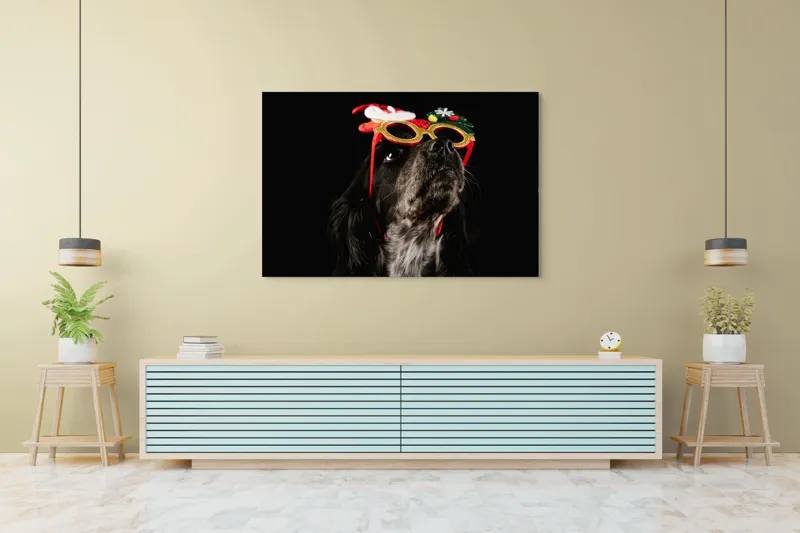 Tablou Canvas, "Câine cu ochelari de Crăciun", Câine, Ochelari, Amuzant, Întuneric, Crăciun, Negru, Urechi, Blană, Nas, Fundal, 150 x 100 cm – poza 6
