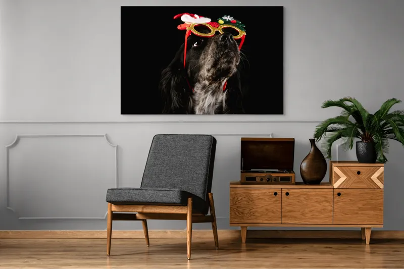 Tablou Canvas, "Câine cu ochelari de Crăciun", Câine, Ochelari, Amuzant, Întuneric, Crăciun, Negru, Urechi, Blană, Nas, Fundal, 150 x 100 cm – poza 8