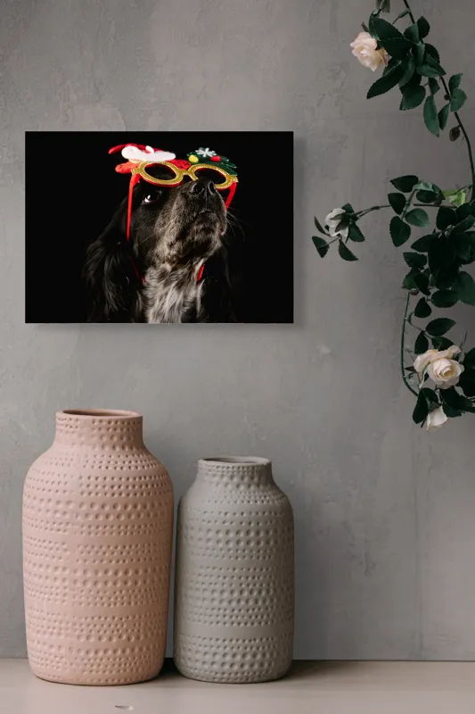 Tablou Canvas, "Câine cu ochelari de Crăciun", Câine, Ochelari, Amuzant, Întuneric, Crăciun, Negru, Urechi, Blană, Nas, Fundal, 54 x 39 cm – poza 8