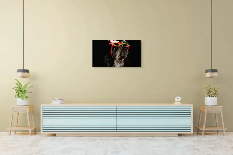 Tablou Canvas, "Câine cu ochelari de Crăciun", Câine, Ochelari, Amuzant, Întuneric, Crăciun, Negru, Urechi, Blană, Nas, Fundal, 90 x 50 cm – poza 5