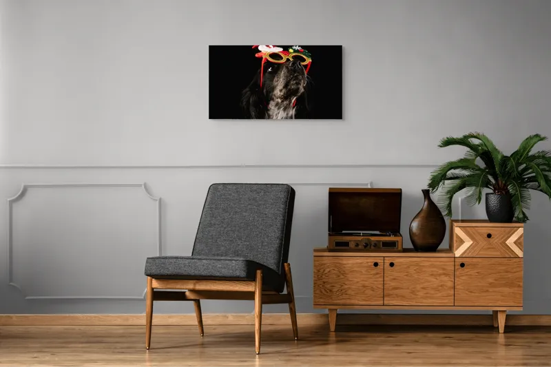 Tablou Canvas, "Câine cu ochelari de Crăciun", Câine, Ochelari, Amuzant, Întuneric, Crăciun, Negru, Urechi, Blană, Nas, Fundal, 90 x 50 cm – poza 6