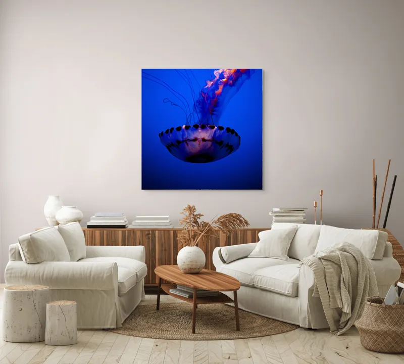 Tablou Canvas, "Meduza dansând în albastrul oceanului", Meduză, Lumină, Albastru, Frumusețe, Ocean, Grație, Mister, Eleganță, Tentacule, Natură., 100 x 100 cm – poza 3