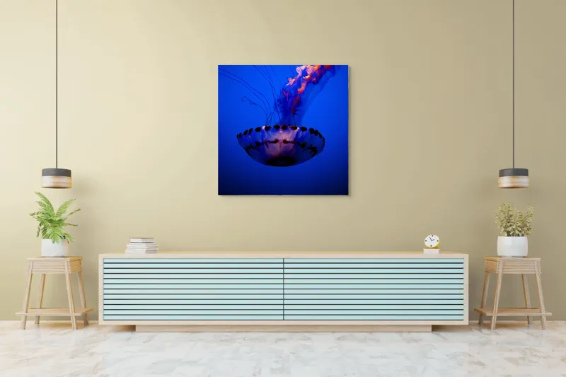 Tablou Canvas, "Meduza dansând în albastrul oceanului", Meduză, Lumină, Albastru, Frumusețe, Ocean, Grație, Mister, Eleganță, Tentacule, Natură., 100 x 100 cm – poza 5