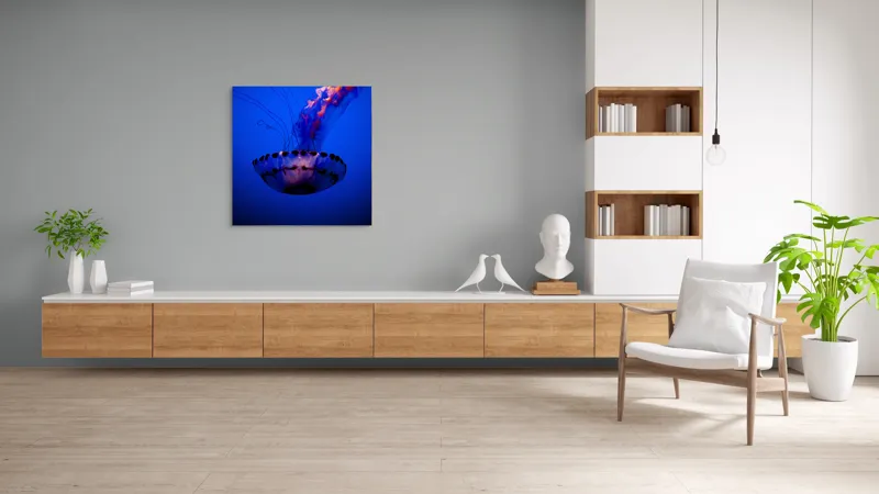 Tablou Canvas, "Meduza dansând în albastrul oceanului", Meduză, Lumină, Albastru, Frumusețe, Ocean, Grație, Mister, Eleganță, Tentacule, Natură., 100 x 100 cm – poza 8