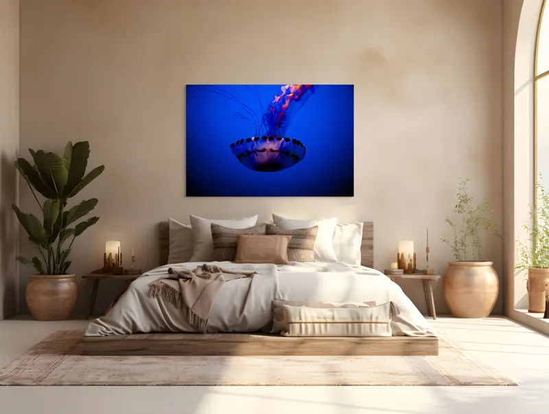 Tablou Canvas, "Meduza dansând în albastrul oceanului", Meduză, Lumină, Albastru, Frumusețe, Ocean, Grație, Mister, Eleganță, Tentacule, Natură., 150 x 100 cm – poza 4