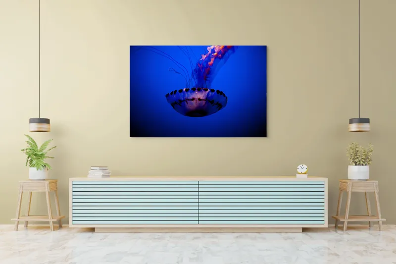 Tablou Canvas, "Meduza dansând în albastrul oceanului", Meduză, Lumină, Albastru, Frumusețe, Ocean, Grație, Mister, Eleganță, Tentacule, Natură., 150 x 100 cm – poza 6